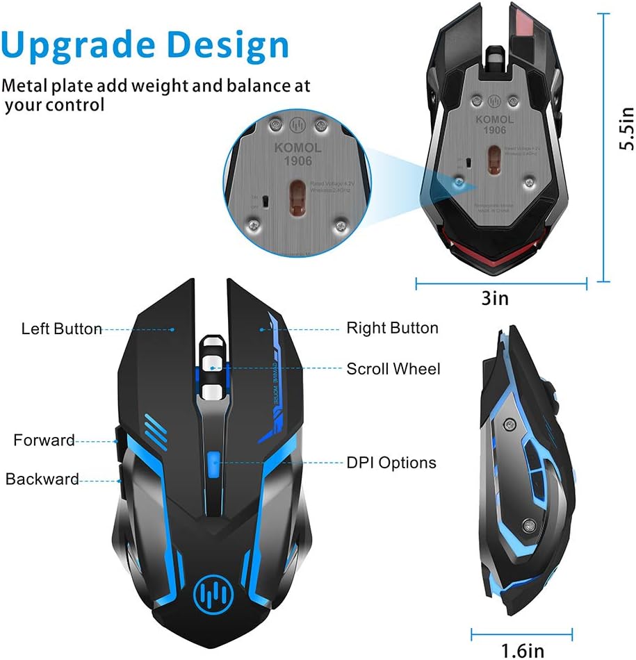 TENMOS X96 Wireless Rechargeable Gaming Mouse USB Optical LED Silent Computer Mouse Compatible with Laptop/PC/Notebook, 3 Adjustable DPI, 6 Buttons (Black)