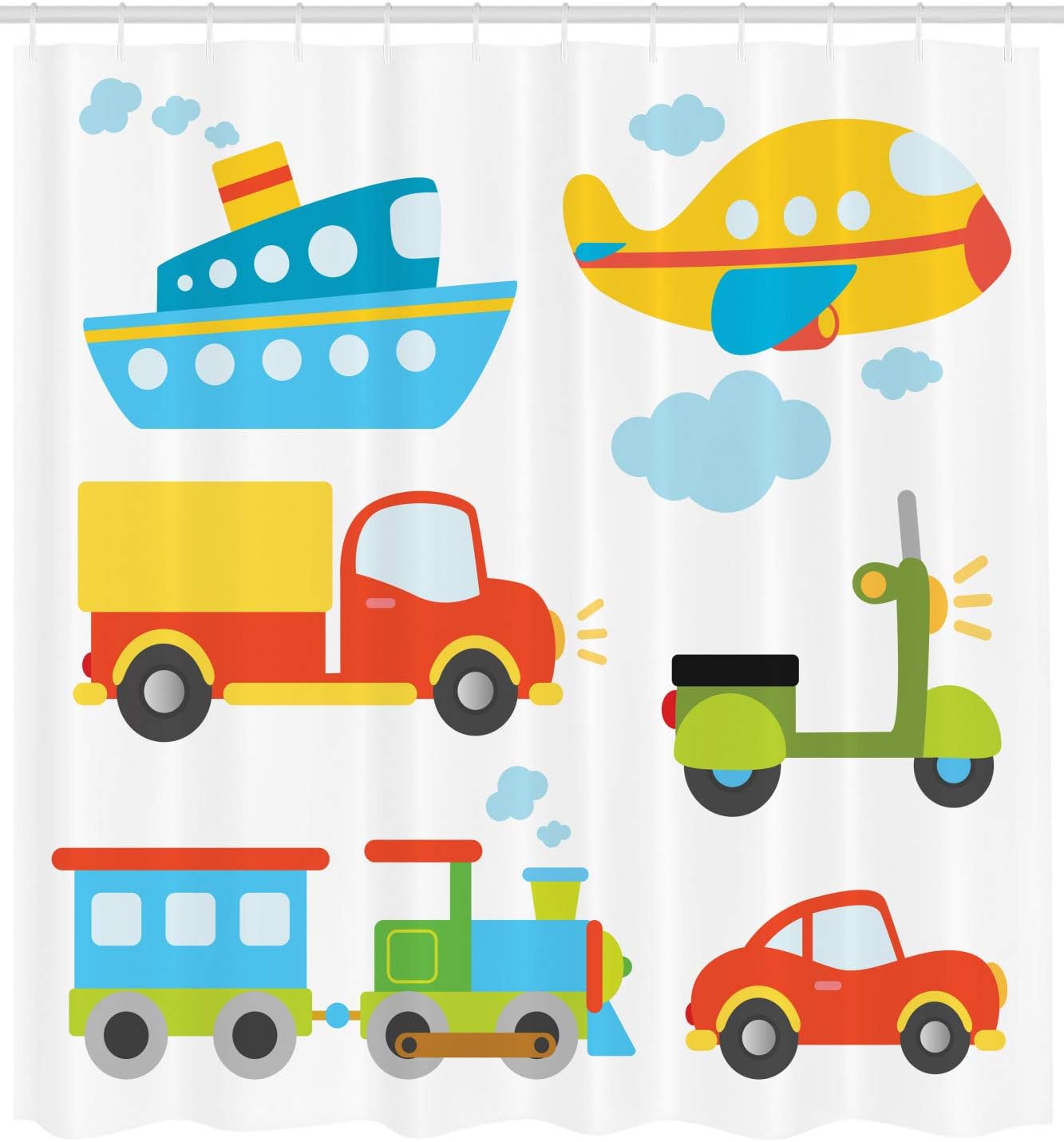 Ambesonne Cartoon Shower Curtain, Abstract Transportation Types Car Ship Truck Scooter Train and Aeroplanes, Cloth Fabric Bathroom Decor Set with Hooks, 69" W x 84" L, Mustard Blue Green