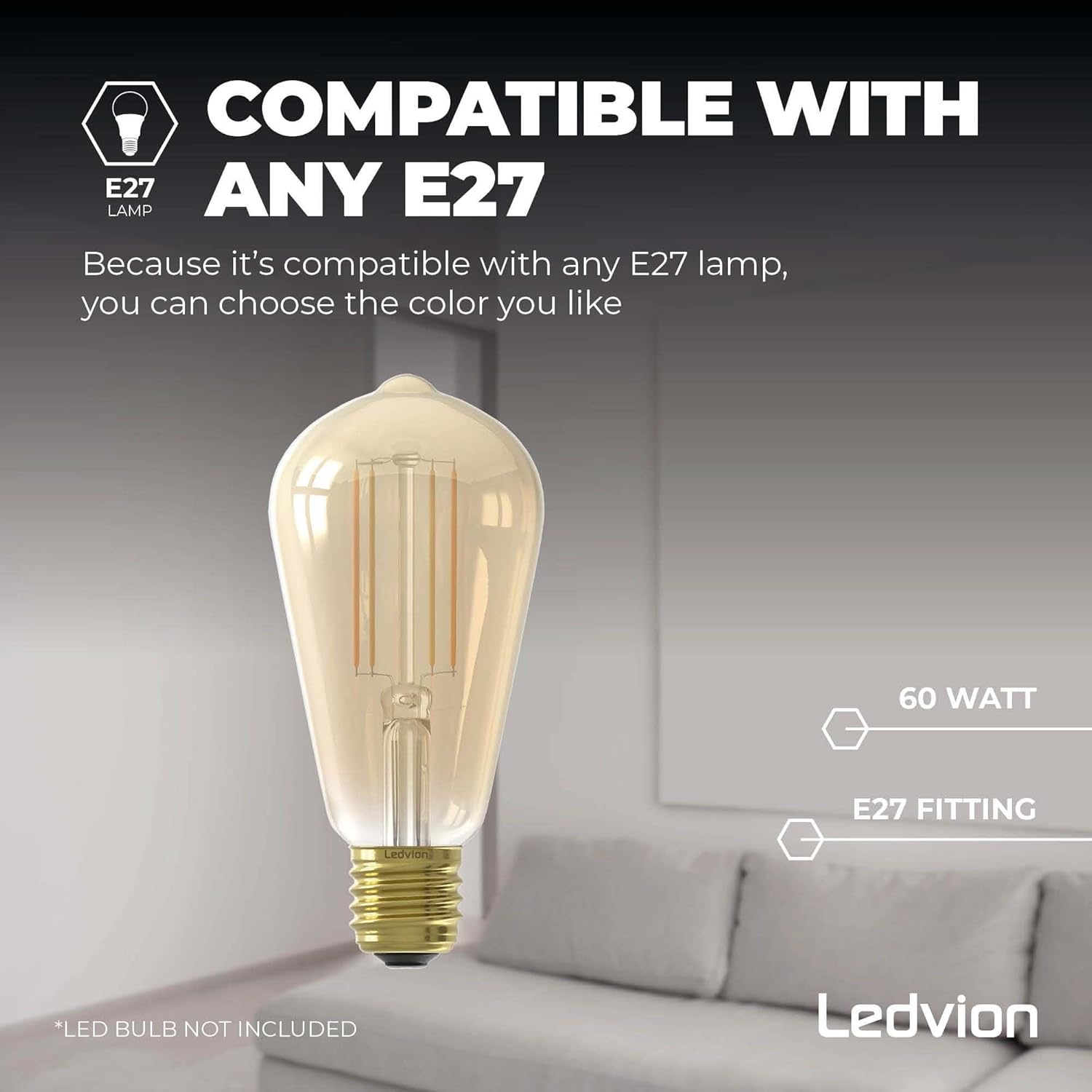 Image showing an E27 bulb and text indicating compatibility with any E27 lamp up to 60 Watts.
