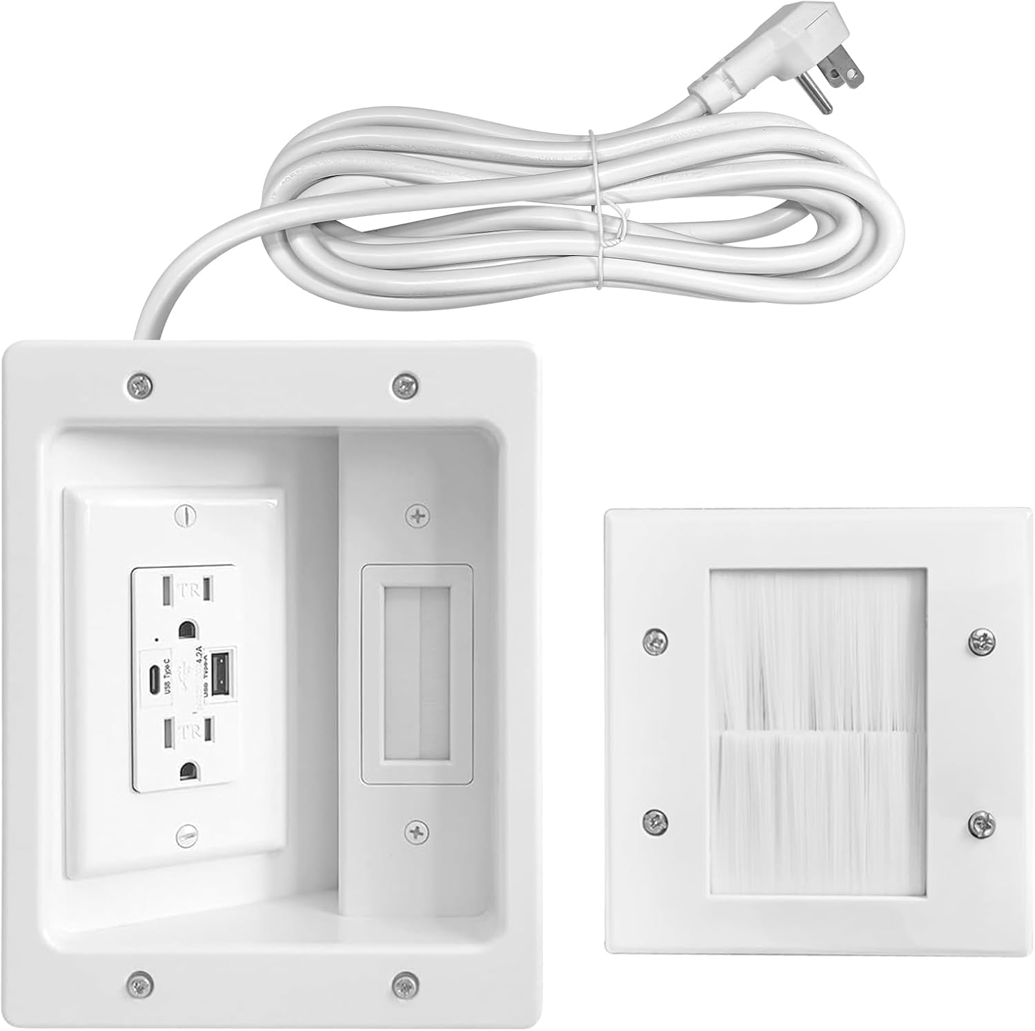 TV Cord Hider for Wall Mounted TV – Dual Outlet in-Wall Cable Management Kit for Power & Low Voltage Cables – Includes 9.84”L x 7.87”H x 3.94”D Module, Wall Template, Saw (4 Data Cable Jacks)