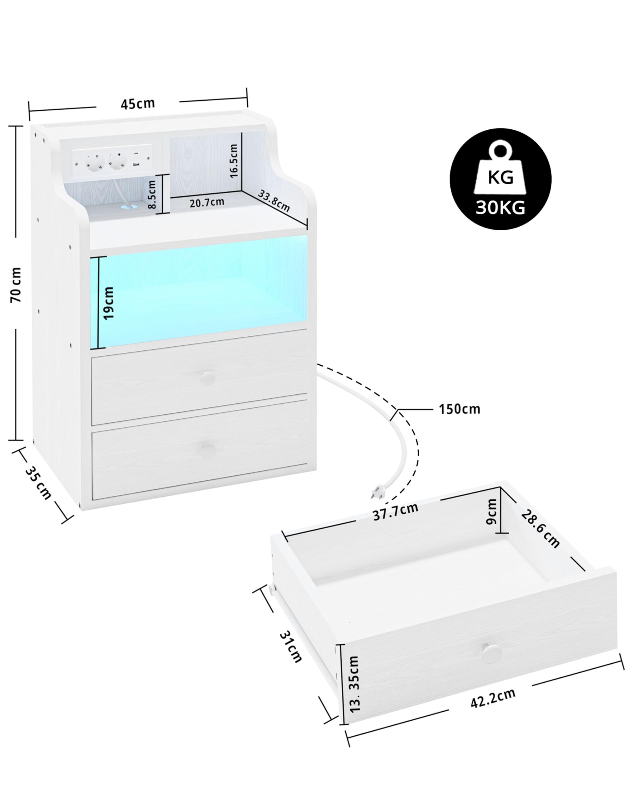 IRONCK Nachttisch LED mit Steckdose und Ladefunktion, Beistelltisch Holz, Nachtschrank mit 2 AC, 1 USB& 1 Type-C Anschlüsse, Sofatisch mit 2 Schubladen, Nachtkästchen Wohnzimmer,Schlafzimmer, Weiß
