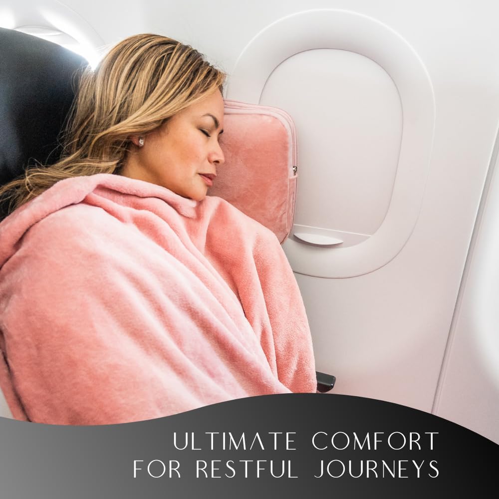 Travel Pillow and Blanket Set (Pink) + Large Duffle Bag Travel Bag (Beige), Travel Kit with Memory Foam Pillow, Travel Blanket, Sleep Mask, Earplugs, and Bag