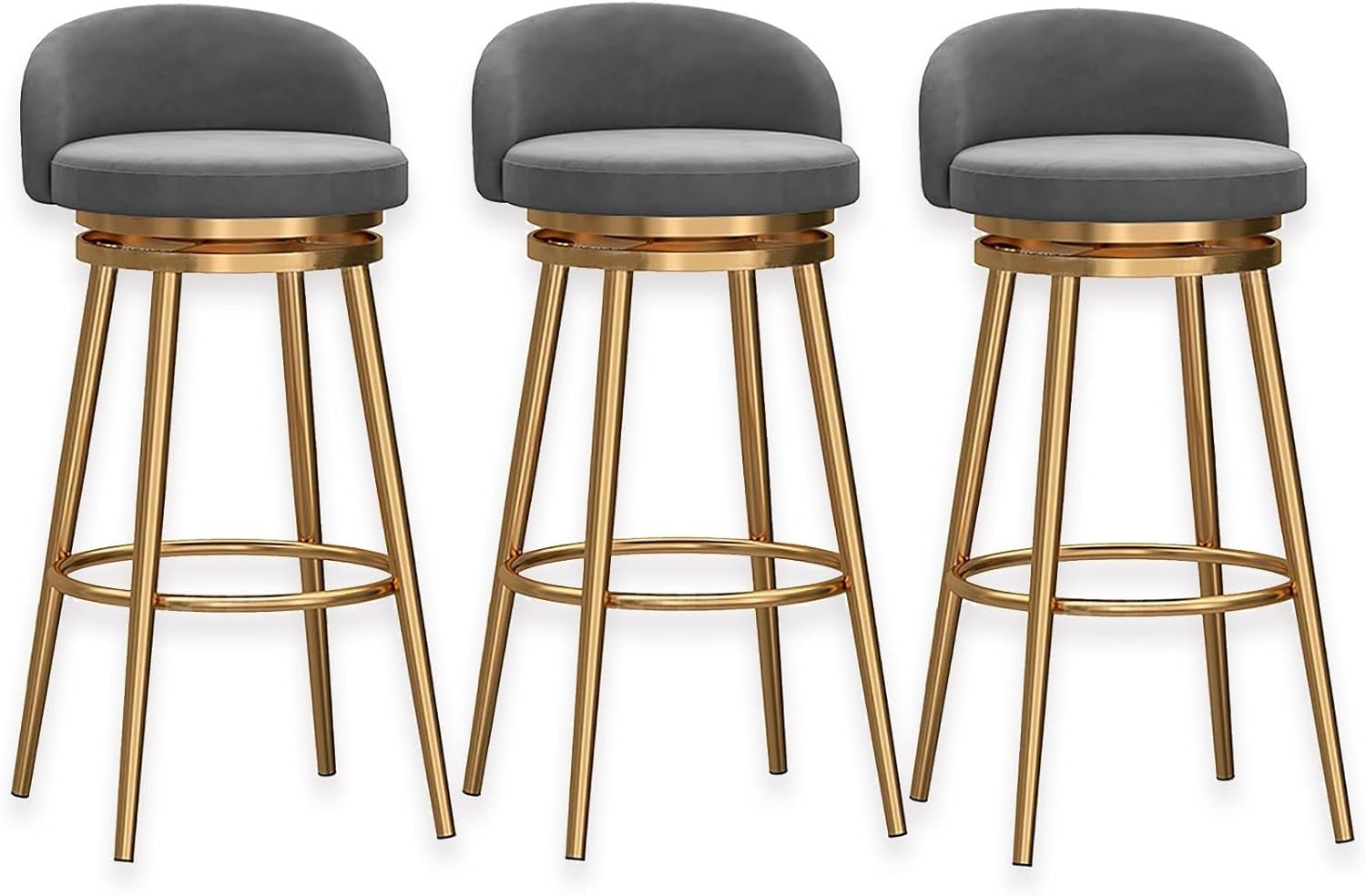 IUokLU Velvet Swivel Bar Stools for Kitchen Counter Tall Barstools with Gold Metal Footrest 150kg Capacity Black 65cm(Grey-65cm)