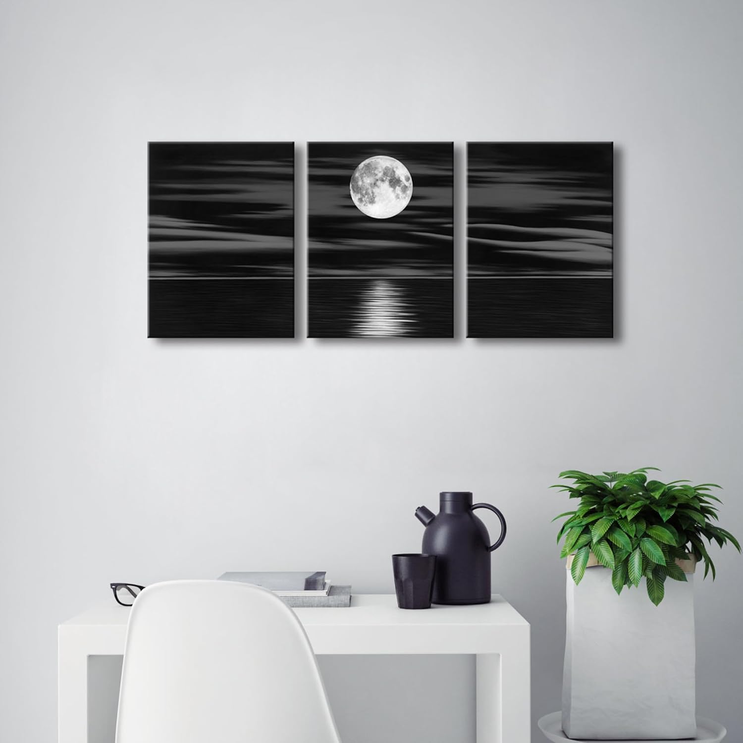 Wieco Art 3 Panel Sea White Full Moon in Night Canvas Print Wall Art Black and White Ocean Beach for Living Room Bedroom Kitchen Home Decorations Modern Abstract Artwork