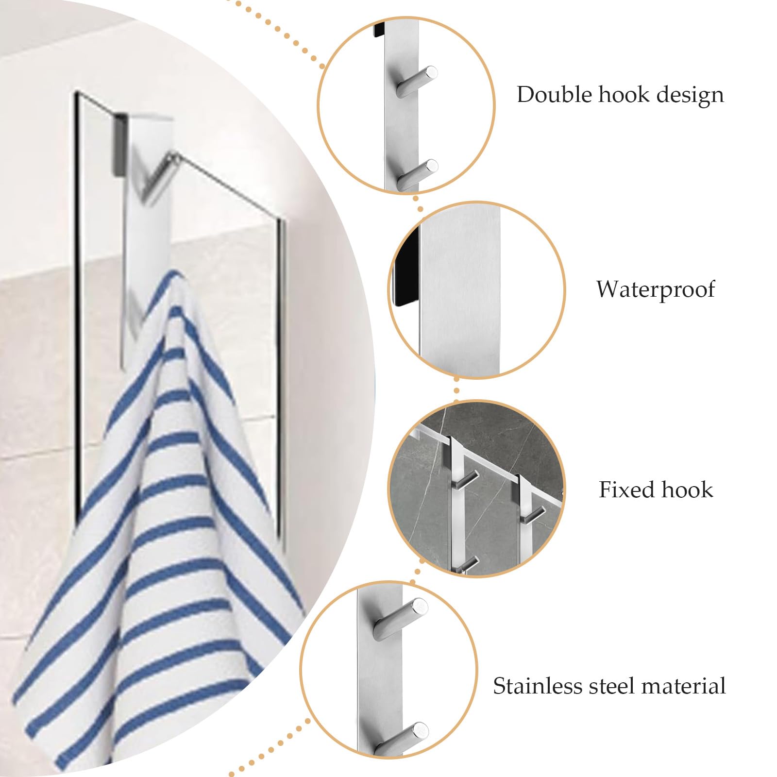 2 Pezzi Gancio Doccia - Ganci Asciugamani Bagno, Ganci sopra Porta Adatto Box Doccia in Vetro Senza Cornice di Spessore da 6-12 mm, Acciaio Inox (Gancho doble de plata)