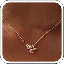 Heart Initial Birthstone Necklace for Women Girls - 14K Gold Plated Dainty Heart Initial Necklaces with 12 Month Birthstone Personalized Bubble Cute Letter A-Z Necklace Birthday Gifts for Women
