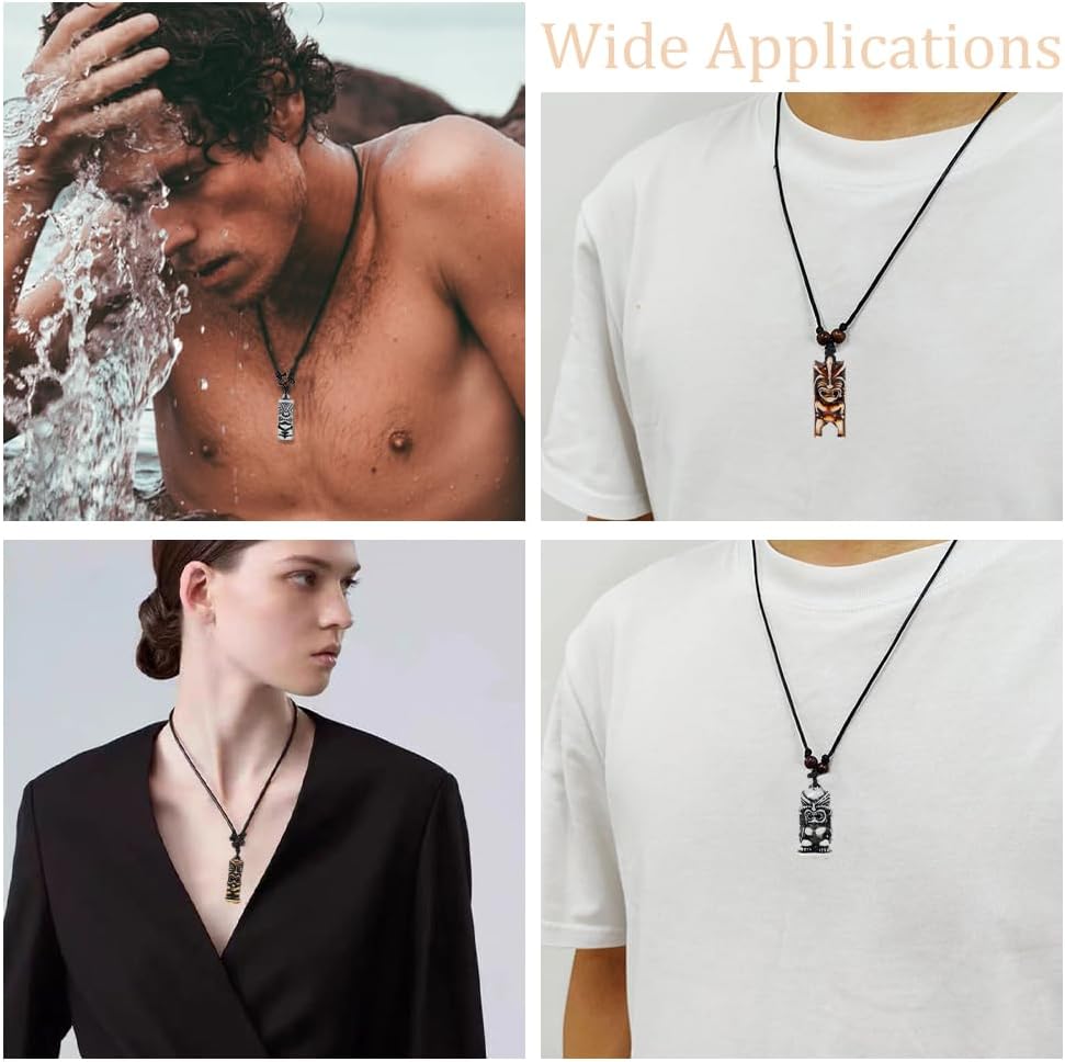 12Pcs 12 Colors Hawaiian Tiki Resin Protection Amulet Lucky Pendant Necklace Vintage Caved Satue Adjustable Black Rope Chain Handmade Vintage Jewelry Lucky Necklace for Women Men