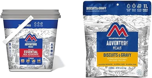 Mountain House Cubo esencial Alimentos liofilizados para mochileros y campamentos 22 porciones Sin gluten y galletas y salsa Alimentos