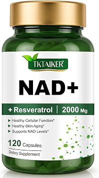 TKTALKER NAD Supplement 2000 Mg - 120 Capsules True NAD & Resveratrol, NMN Alternative Liposomal NAD+ for Women & Men, Support Cellular Health, Stamina & Healthy Aging - Ultra Strength Capsules