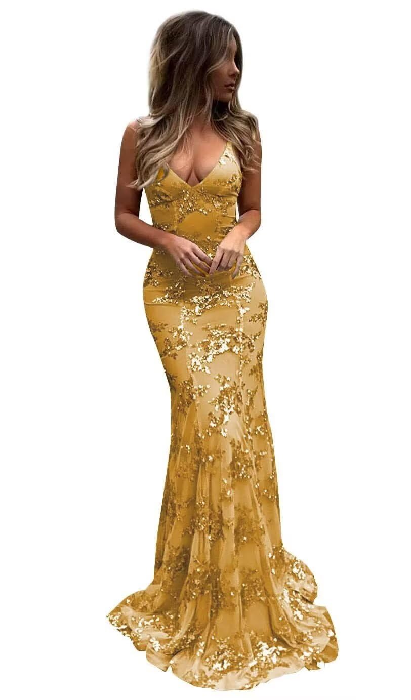 PARPIS Bodycon Mermaid Prom Gowns for Women Tulle V-Neck Backless Evening Dresses Spaghetti Straps Train Formal Party Dress Gold