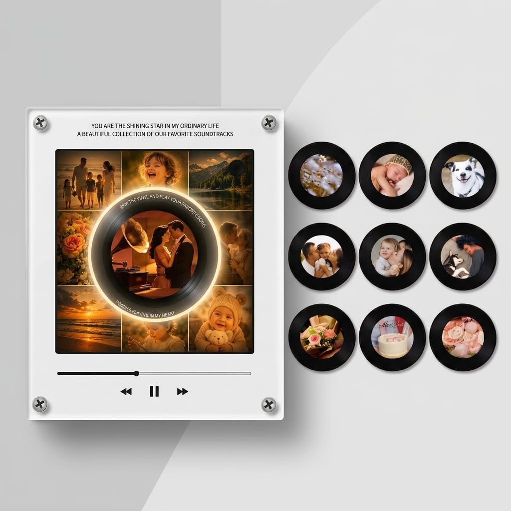 Musik Kühlschrankmagnet mit 9 Vinyl Schallplatten, Fotomagnet mit LED Licht
