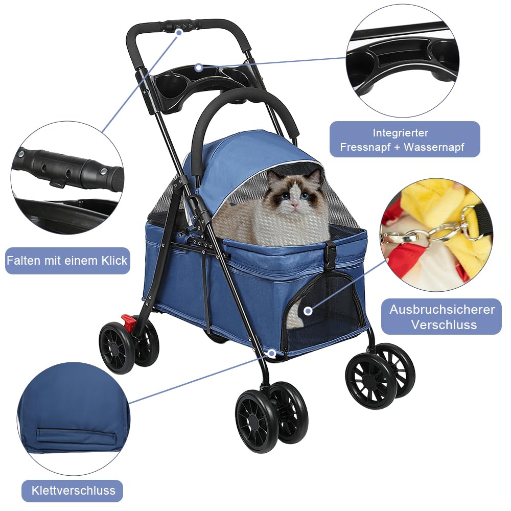 Carrito para Perros Plegable hasta 15 kg – Carro para Perros y Gatos con Cabina Desmontable, Estructura de Acero y Tejido Oxford Transpirable(Azul)