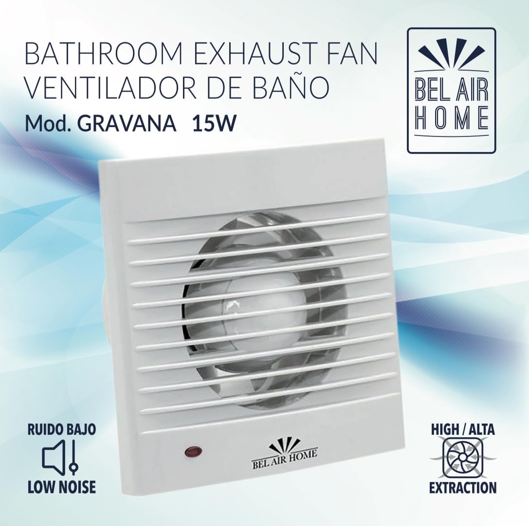 BEL AIR HOME Extractor baño silencioso Gravana blanco 15W, 120m³/h, policarbonato, empotrable, compatible con boca 100mm, 40dBA, 15,9x15,9x10cm, ventilación hogar oficina