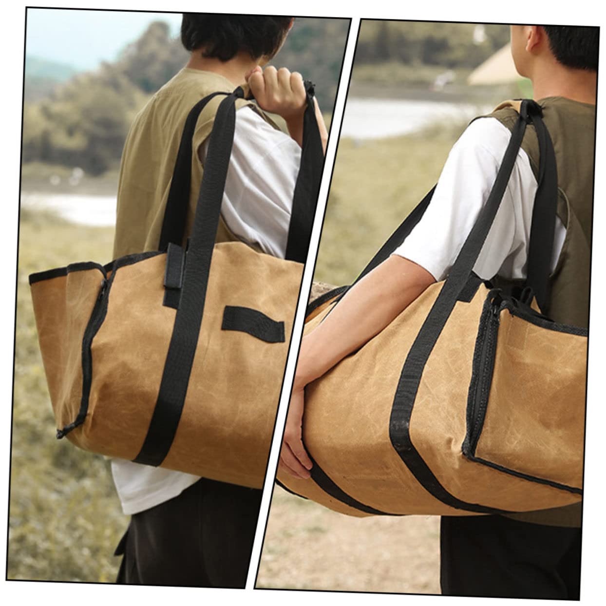 VORCOOL 1 Pc Sacco di Legna da Ardere Zaino per Legna da Ardere Griglia del Borsa per La Conservazione della Legna da Ardere Custodia Contenitori All'aperto Tela Staffa di Legno