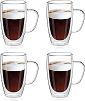Vista 13 de MEWAY Paquete de 2 tazas de café de 12 onzas, taza de doble pared de vidrio transparente con asa para café, té, café con leche, capuchino