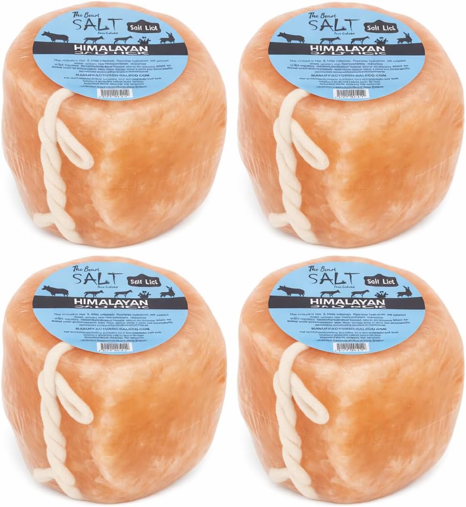 Himalayan Salt Lick for Horses & Livestock – 4 Pack (4.4 lb Each) | 100% Natural Pink Salt on Rope | Supports Hydration, Digestion & Overall Wellness (4)