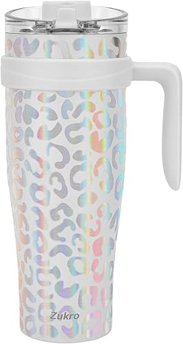 Zukro Vaso de 50 onzas con popote abatible y asa, a prueba de fugas de acero inoxidable aislado al vacío con tapa 2 en 1, apto para portavasos sin