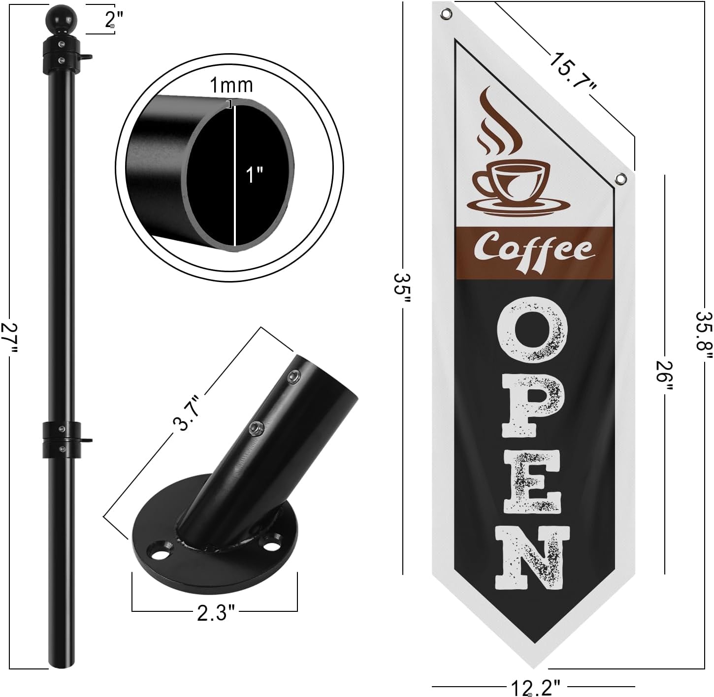 Coffee Open Flag, Double-Sided Coffee Banner (Black, 27")