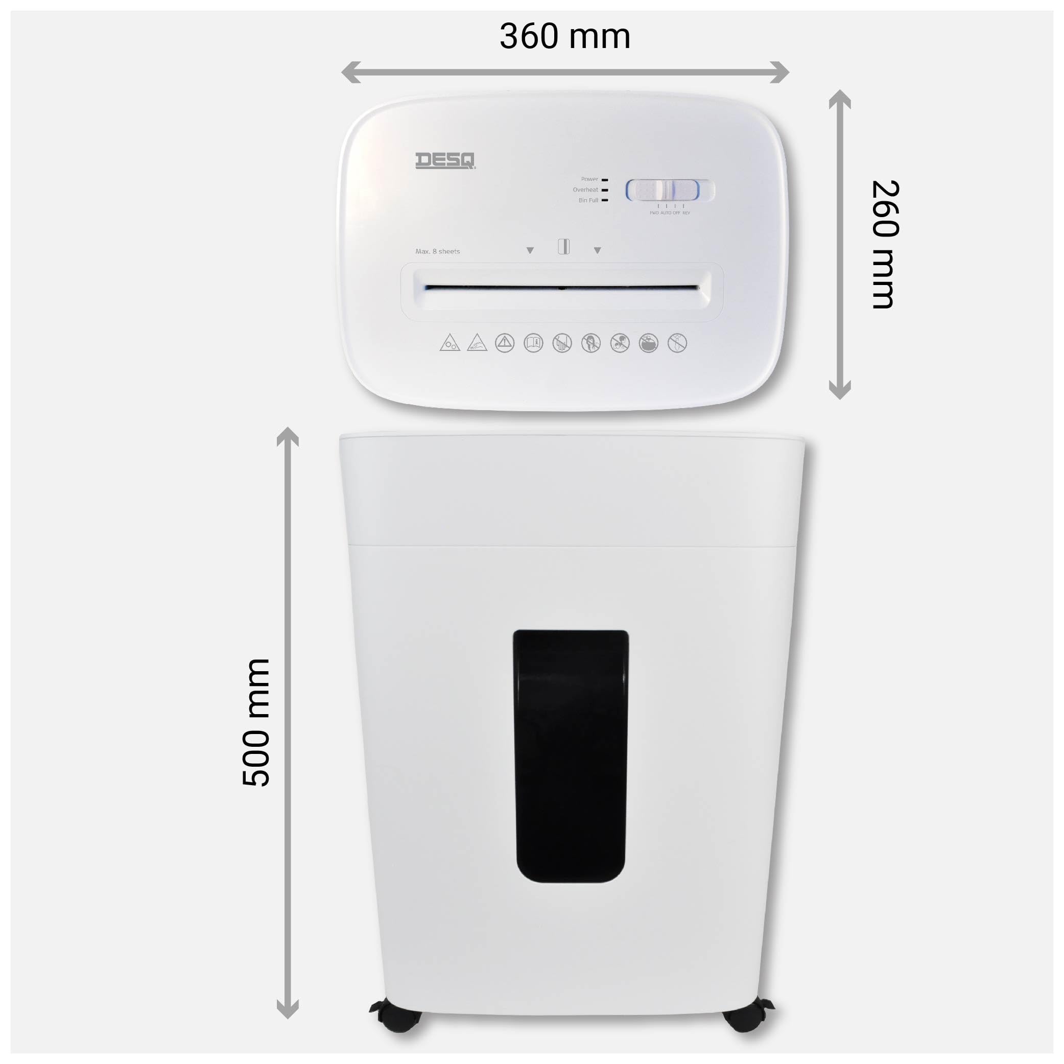 DESQ® Distruggidocumenti livello di sicurezza P5 – Microcut (2500 particelle/A4), 2 x 12 mm, 20 litri, 10 min. Non stop, 8 fogli, 4 rotelle, ufficio/casa, design olandese, 20075