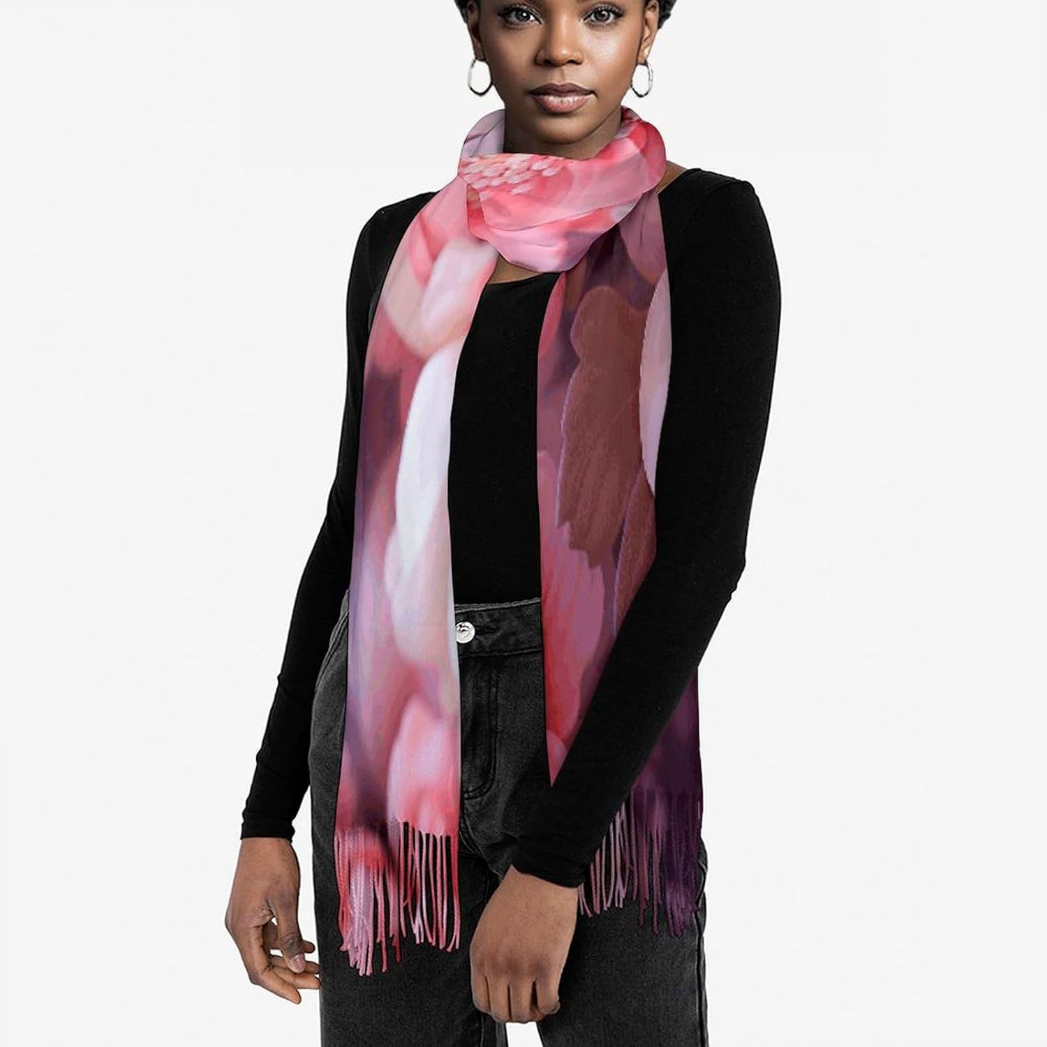 Pink Floral Winter Scarf for Women Soft Tassel Scarves Oversized Wraps Long Shawl Cold Weather Thick Blanket Scarfs