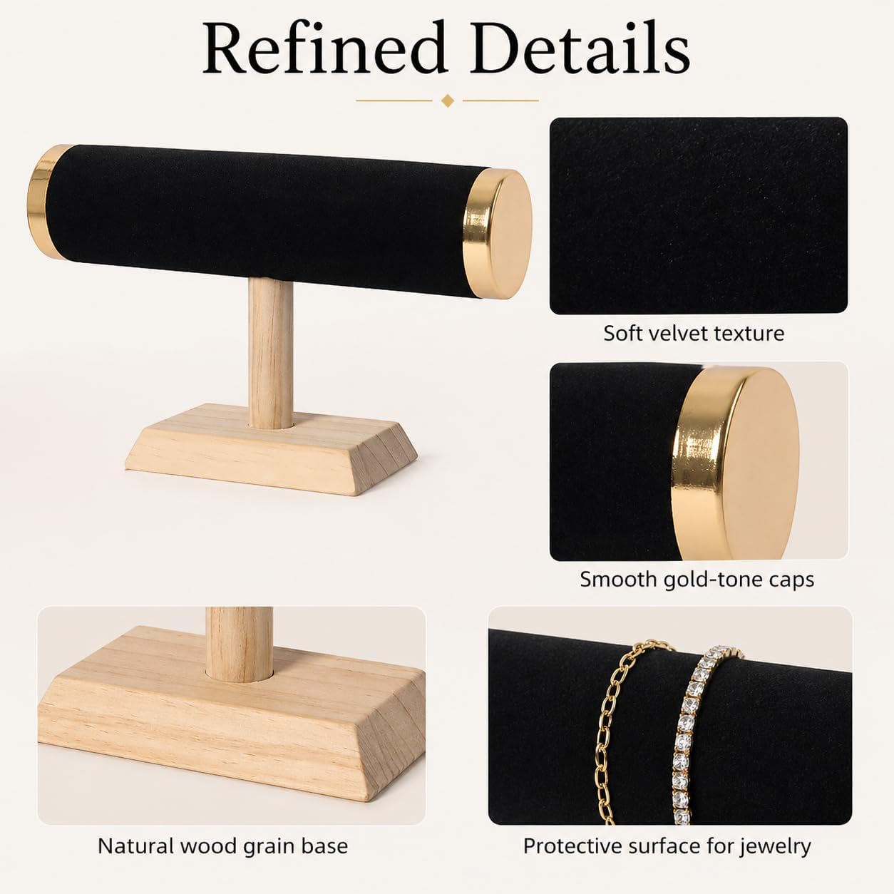 Wooden Watches Display tower Base Watch Necklace Bracelet Organizer Rack Bangle Scrunchie Headband Showcase tower (Velvet Round Black, 1-tiered)