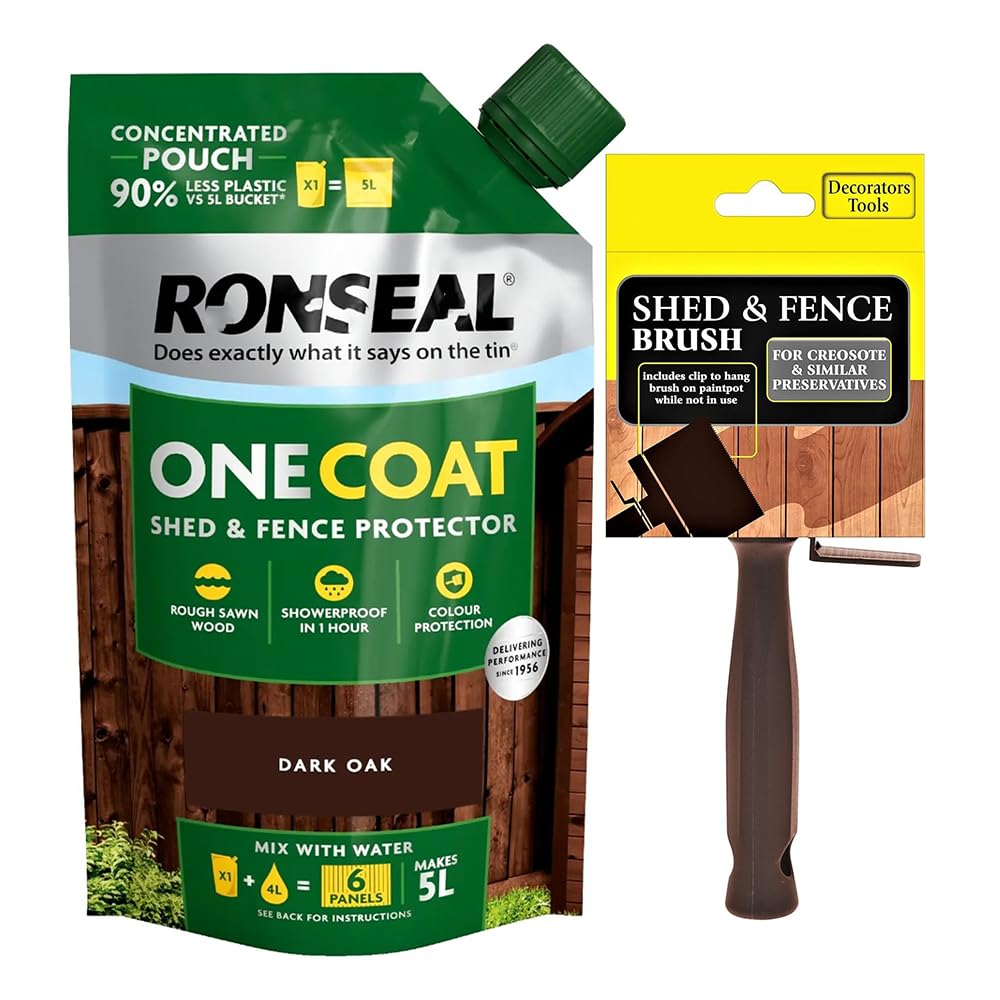 Zopper One Coat Shed & Fence Protector 950ml mixes with Water to Make 5L, Showerproof in 1 Hour, Covers up to 6 Fence Panels (Dark Oak) + Shed Brush