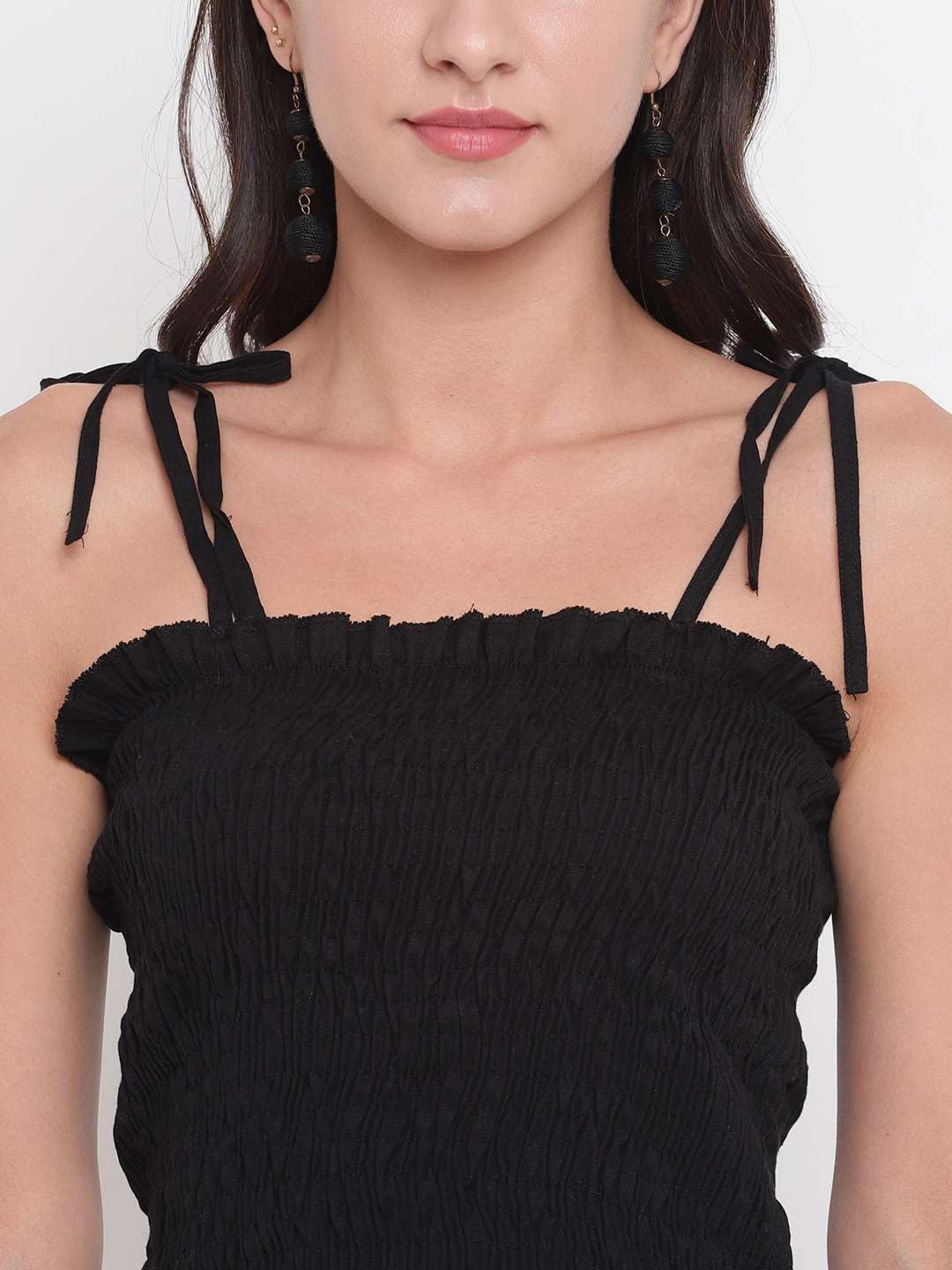 Bigdave Women's Rayon Solid Casual Summer Style Tie Shoulder Straps Free Size Tank Top (Black)