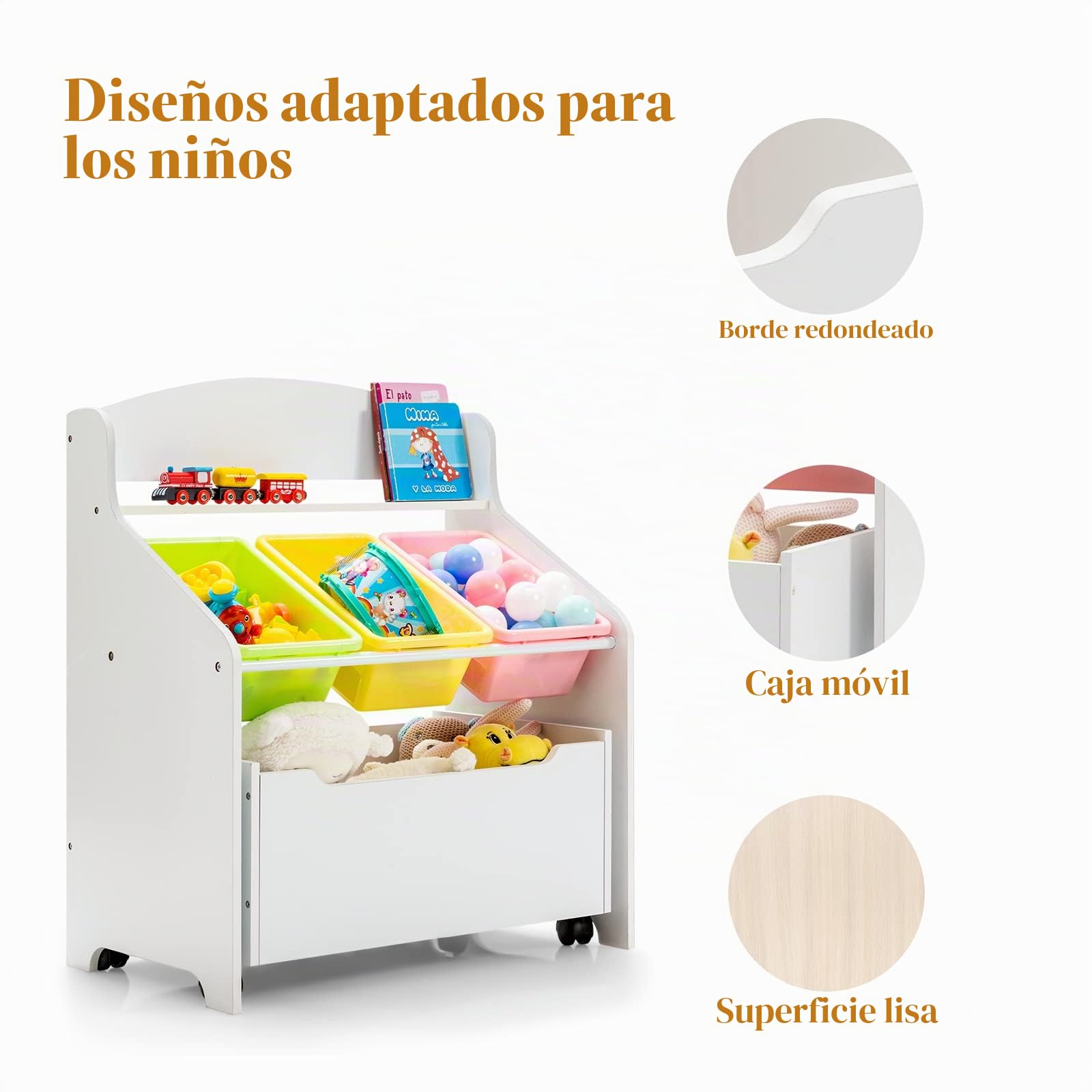 LIFEZEAL Estantería para Juguetes, Organizador de almacenamiento con 3 cubos de plástico, Caja con ruedas de juguetes infantil, armario para habitación del niño (blanco)