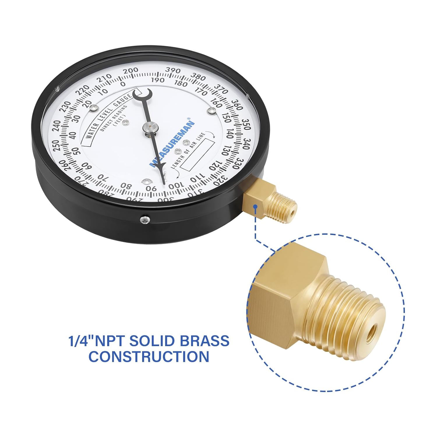 MEASUREMAN 4-1/2" Water Level Gauge, Lower Mount, 0-390 ft H2O Range, ASME B40.1 Grade B