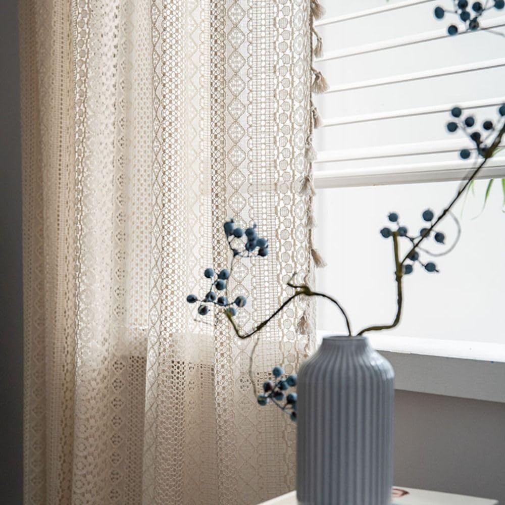 Home Boho Curtains 1Panel Vintage Crochet Lace Semi-Sheer Curtain,Rod Pocket Hollow-Out Drapes with Tassels for Living Bedroom(150x220cm)