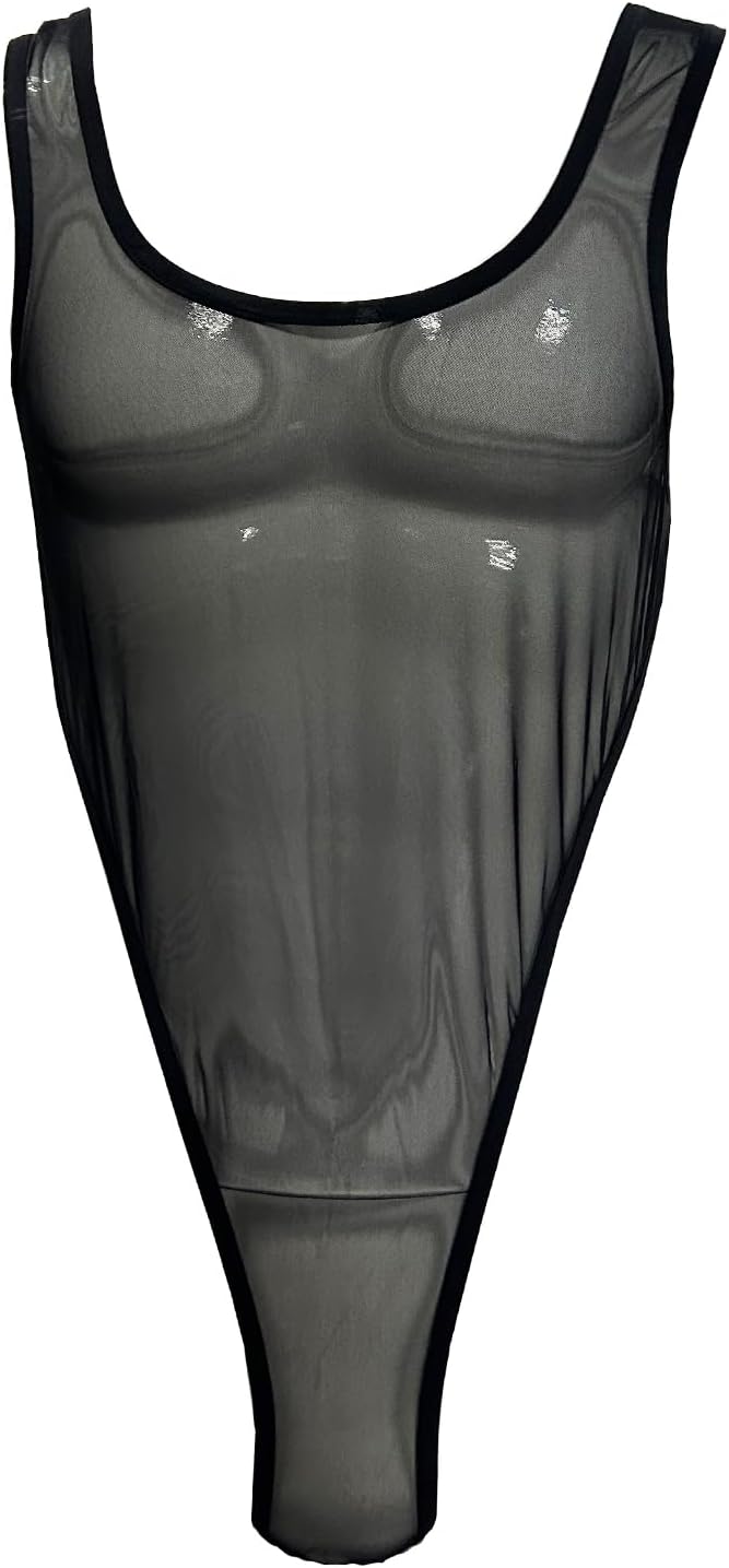 Men's One Piece Mesh See Through Mankini Bodysuit Leotard High Cut G-String Thongs Bikini Underwear