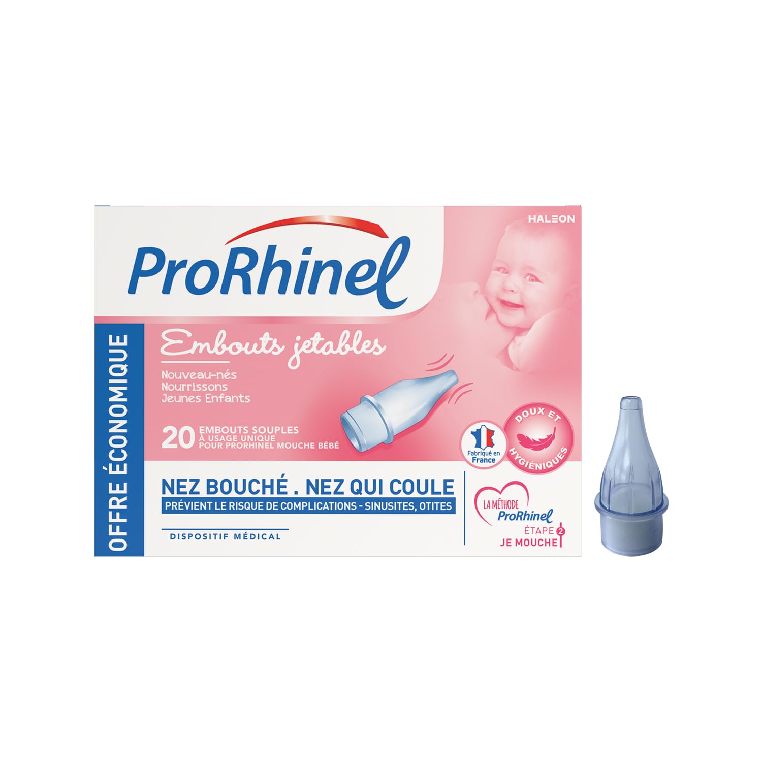 Prorhinel Embouts Jetables Mouche Bébé Manuel x20, Embouts Souples, Pour Nez Bouché et Ecoulement Nasal, Doux Hygiénique, Fabriqué en France