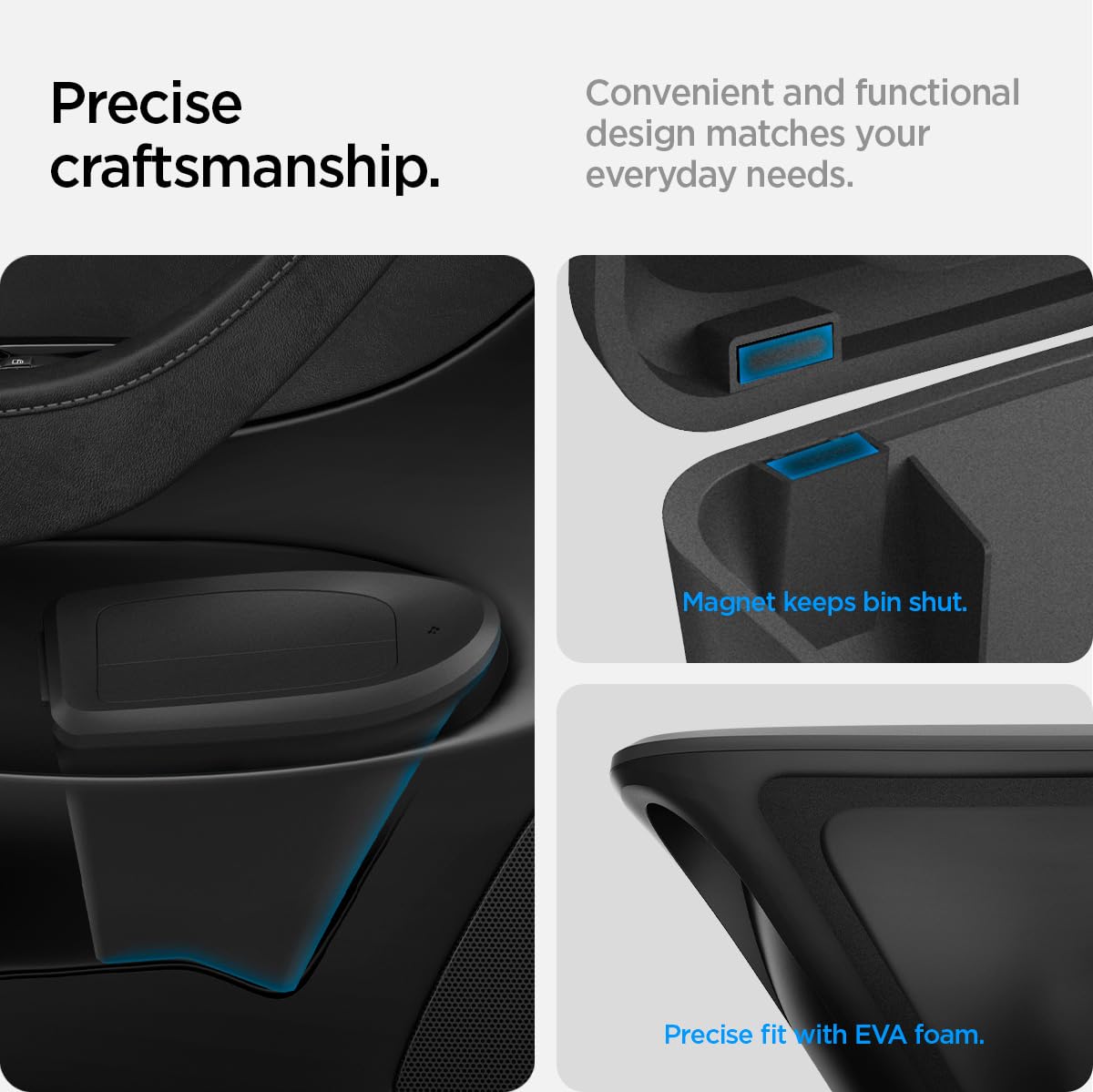 Spigen Tesla Model Y (~2025) Pattumiera per Auto【Inclusi 50 sacchetti】 Mini Pattumiera da Portiera Anteriore Lato Guida con Portaoggetti, Design Salvaspazio, Accessorio Tesla Model Y