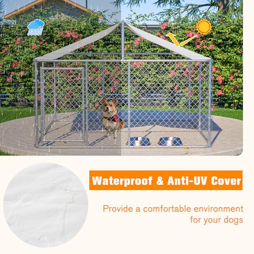 Large Outdoor Dog Kennel, Heavy Duty Galvanized Steel Dog Enclosure, Chicken Coop with Waterproof UV-Resistant Cover, Lockable Door Chain Link for Small & Large Pets, Backyard (90\" L x 90\" W x 65\" H)