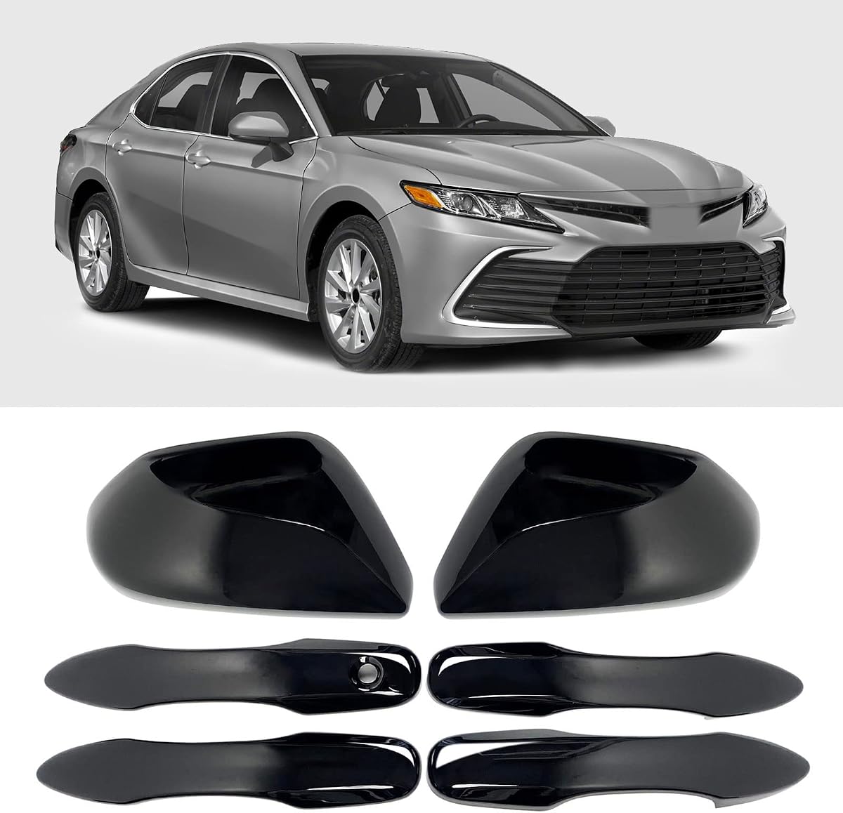 Side Door Mirror Caps Cover Trim + Door Handle Cover Trim Compatible with 2026 2025 2024 2023 2022 2021 2020 2019 2018 Toyota Camry Accessories Rearview Glossy Black Without Smart Keyholes