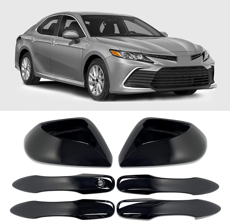 Side Door Mirror Caps Cover Trim + Door Handle Cover Trim Compatible with 2026 2025 2024 2023 2022 2021 2020 2019 2018 Toyota Camry Accessories Rearview Glossy Black Without Smart Keyholes