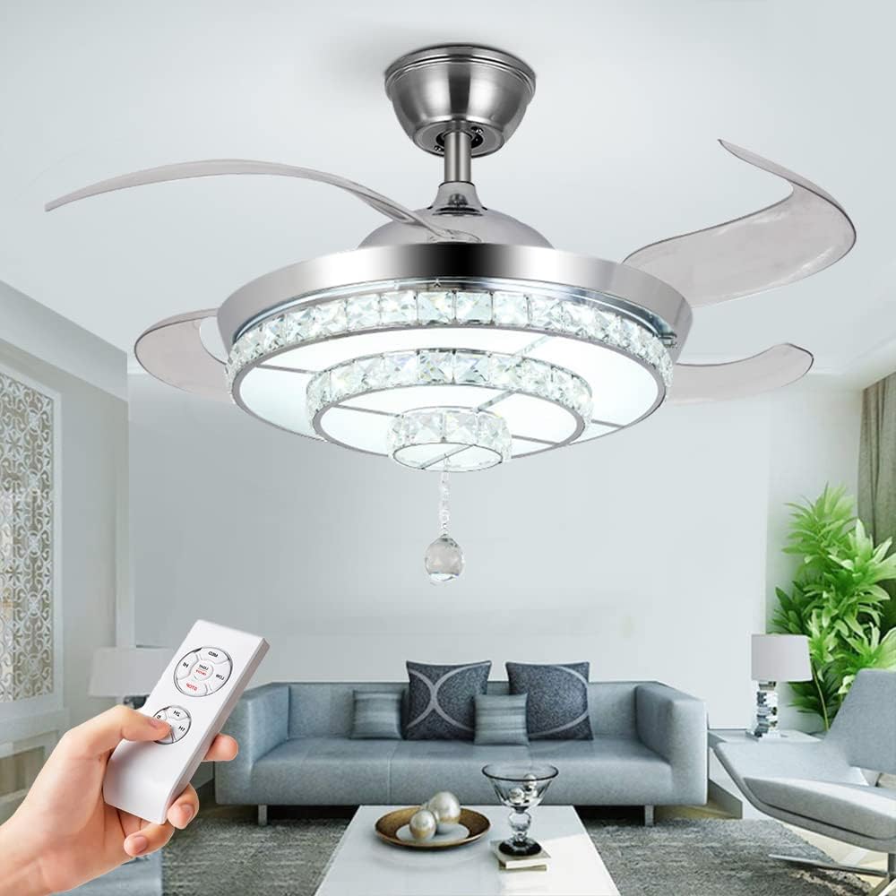 Modern 42'' Crystal Chandelier Ceiling Fan with LED Light Kit and Remote Invisible Ceiling Fan Light Retractable 3 Color Changing LED Fandelier for Living Room Bedroom