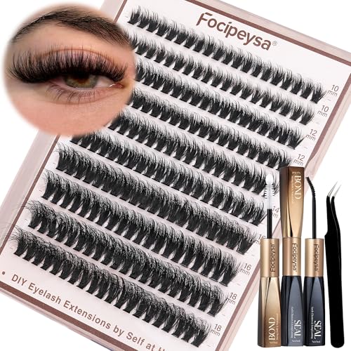 Focipeysa Volume Lash Clusters Kit D Curl Lashes Extensions Thick Volume Eyelash Clusters DIY Eyelash Extension with Lash Glue Lash Bond and Seal 10-16mm Fluffy Cluster Eyelash Extension DIY Lashes
