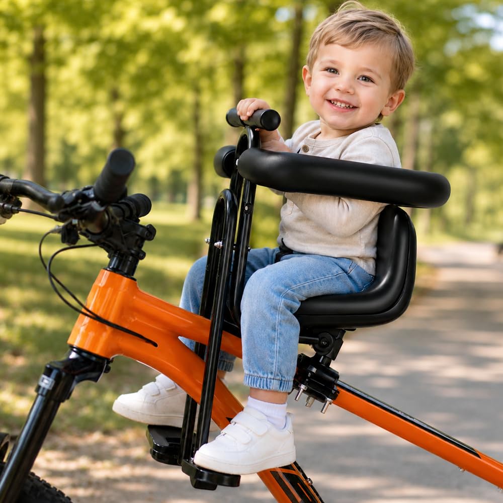 Kindersitz Fahrrad Vorne, Bequemer Size Fahrradsitz Kinder Vorne, Umfassendes Schutzgitter Höhenverstellbar Kinderfahrradsitz, Fahrrad Kindersitz für Mountainbikes und Falträder