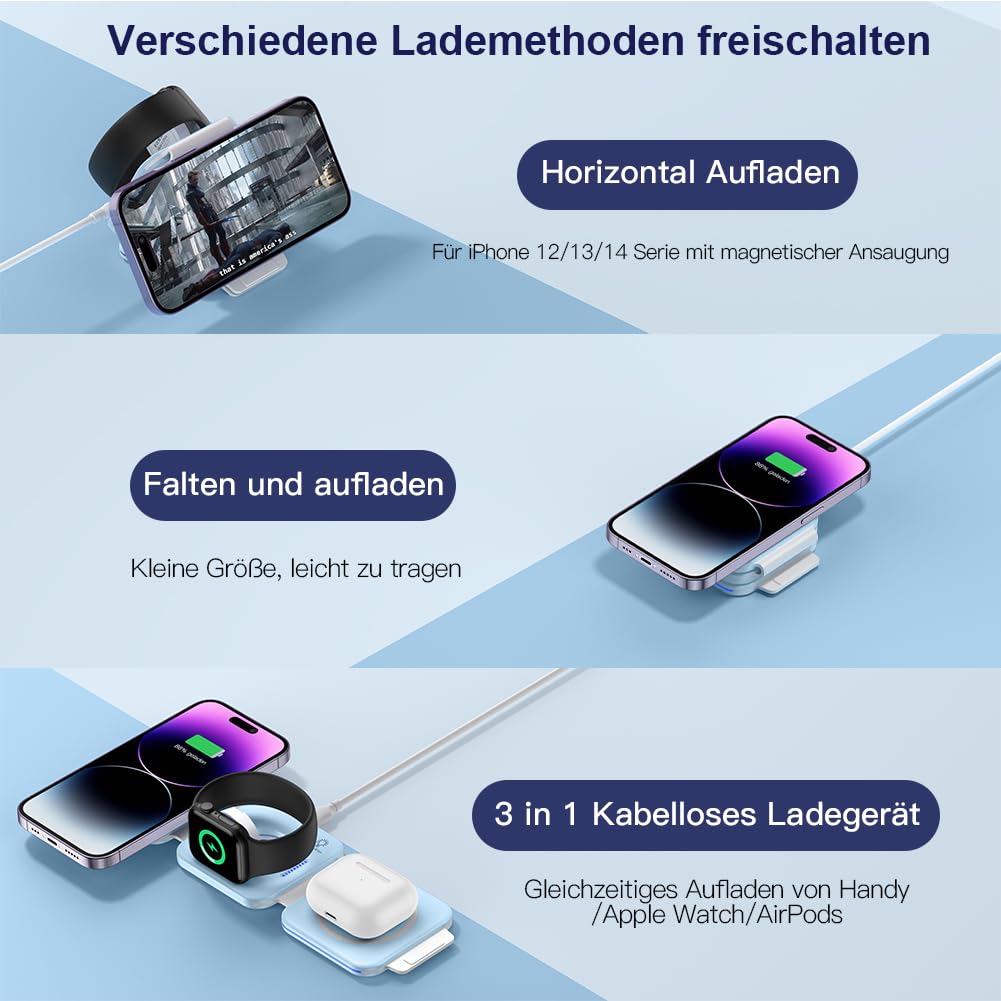 ZUMSEY Caricatore Wireless Pieghevole 3 in 1, Supporto di Ricarica Magnetico Compatibile con iPhone 15 14 13 12/Pro/Pro Max/Plus, Wireless Charger per iWatch 9/Ultra 2/8/7/6/SE/5/4, AirPods Pro/2/3