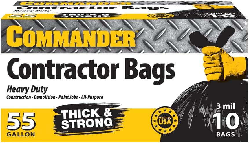 Commander 55 Gallon 3 MIL (eq) Heavy Duty Contractor Bags with Flap Ties – 36″ x 56″ with flaps – Pack of 10 – For Contractor, Industrial, & Outdoor