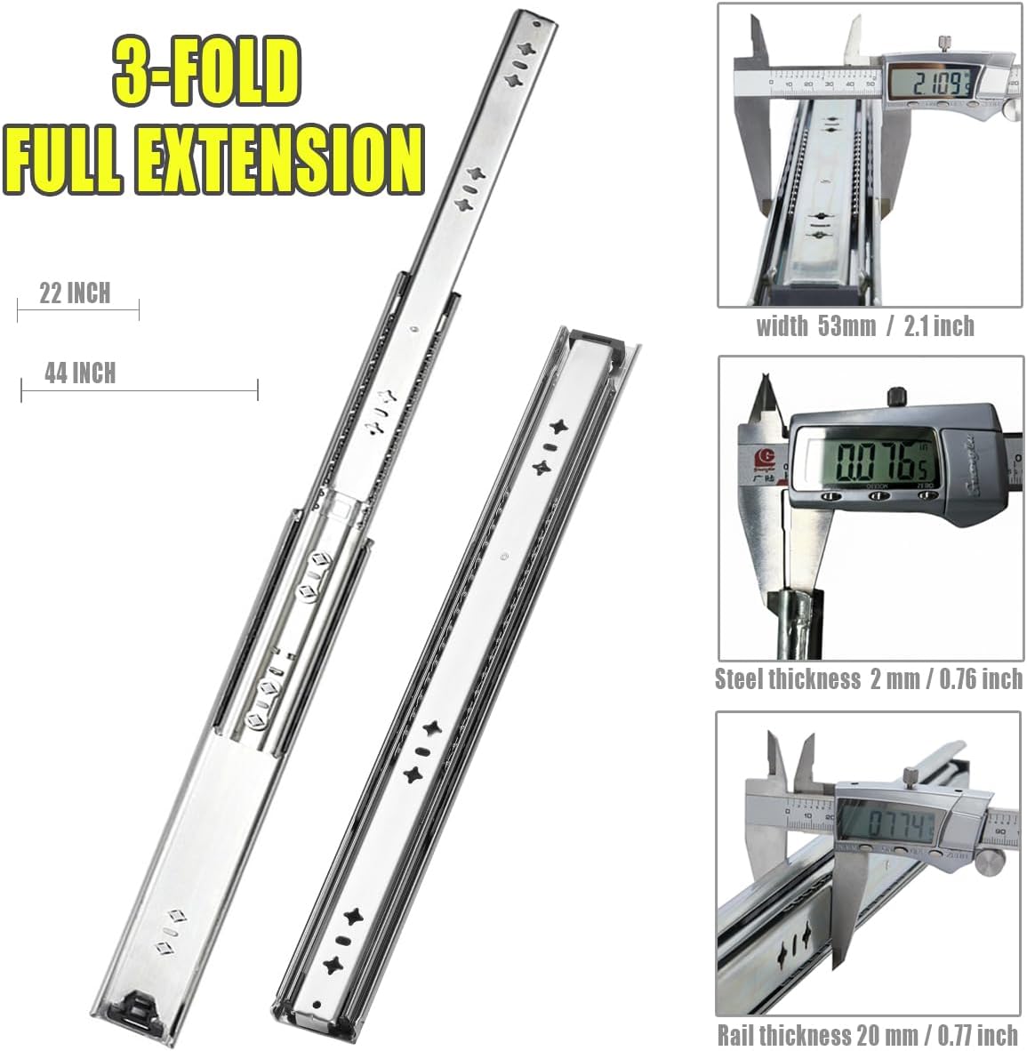 Heavy Duty 22" Drawer Slides, Full Extension Ball Bearing, 300LB | 53MM Width, 3-Section Design, Side Mount, Smooth & Quiet Operation, for Cabinets, Drawers, Workbenches