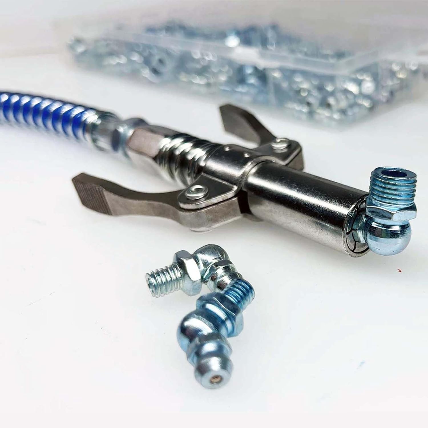 Professional Pneumatic Grease Gun Coupler with Quick Lock Release, 12 Inch Flexible Hose, Double Handle Design, Six Petal Lock Mechanism