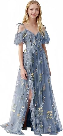 Floral Embroidery Junior Bridesmaid Dresses for Teen Girl Fancy Off Shoulder Tulle Wedding Birthday Party Evening Gown