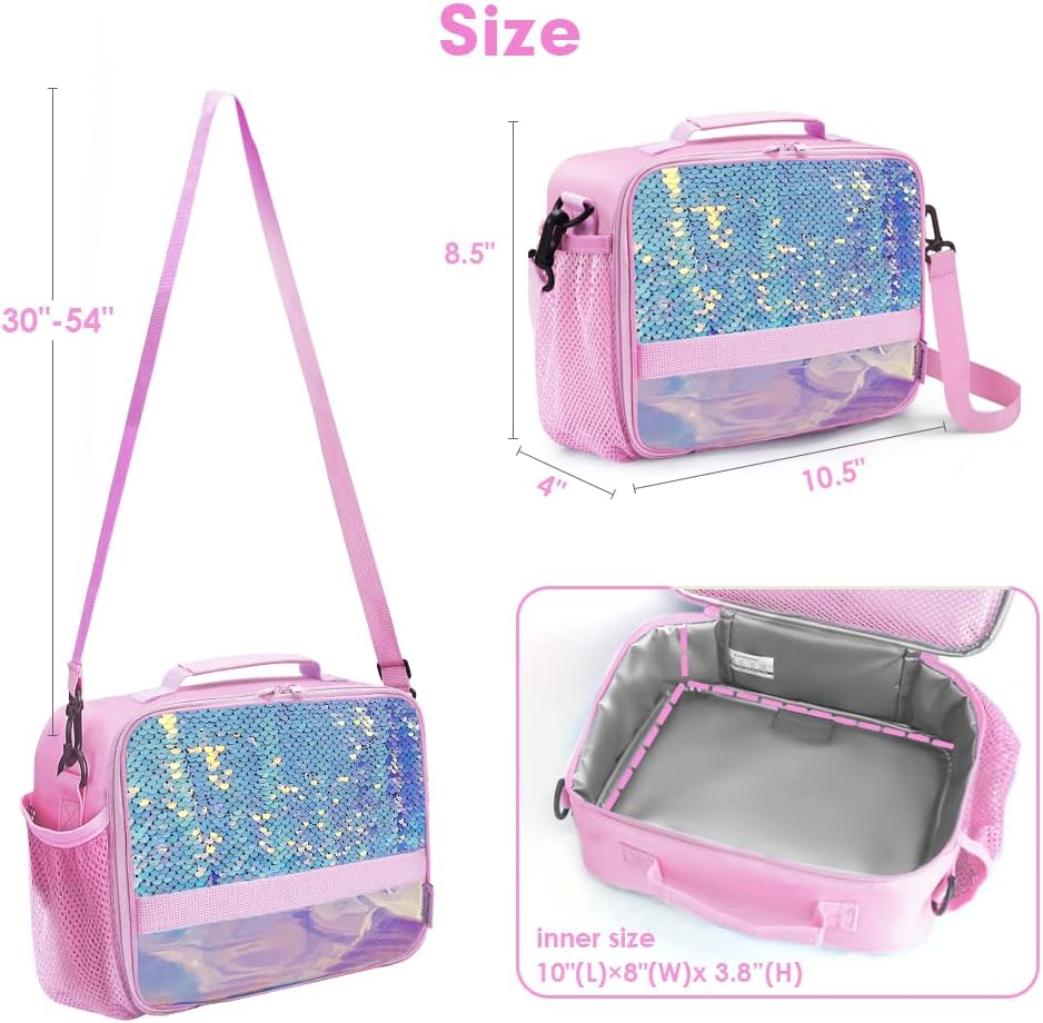 Kids Lunch Box Insulated Kids Lunch Bag,Lunch Box for Girls with Strap and Bottle Holder,Lunch Box for Kids, Toddler Lunch Box with Zipper-Pockets,Girls lunch box Keep Food Cold&Warm for Long Time