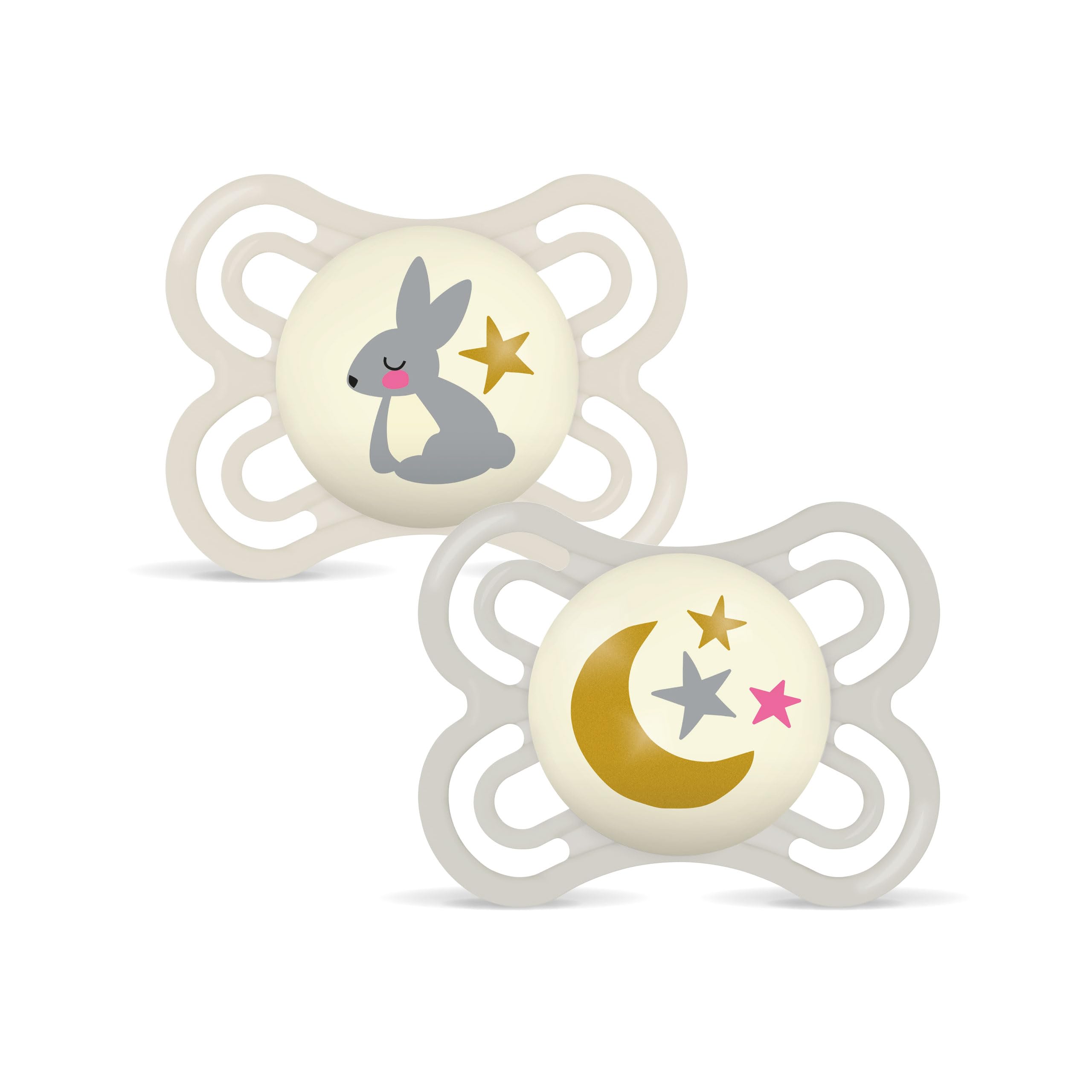 MAM Perfect Night Schnuller | 0-6 Monate | leuchtende Babyschnuller | 94% Akzeptanz | von Experten empfohlen | beugt Zahnfehlstellungen vor | SkinSoft Silikon | Hase/Mond | 2 Stück