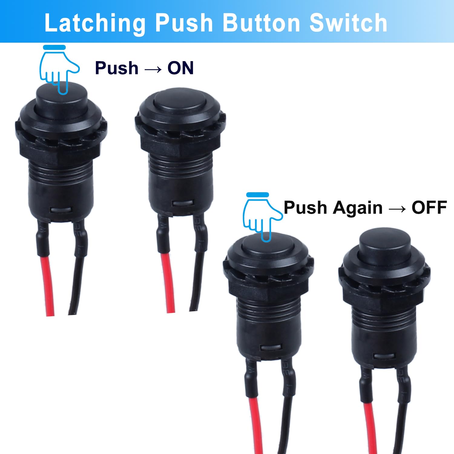 MKBKLLJY 12Pcs 12mm Latching Red/Yellow/Blue/Green/Black/White Mini Push Button Switch AC 250V/1.5A 125V/3A SPST 2Pin Snap-in Design Micro Round Switch with Terminal Wires and Wiring Cap for Car Boat MKBKLLJY 12Pcs 12mm Latching Red/Yellow/Blue/Green/Black/White Mini Push Button Switch AC 250V/1.5A 125V/3A SPST 2Pin Snap-in Design Micro Round Switch with Terminal Wires and Wiring Cap for Car Boat