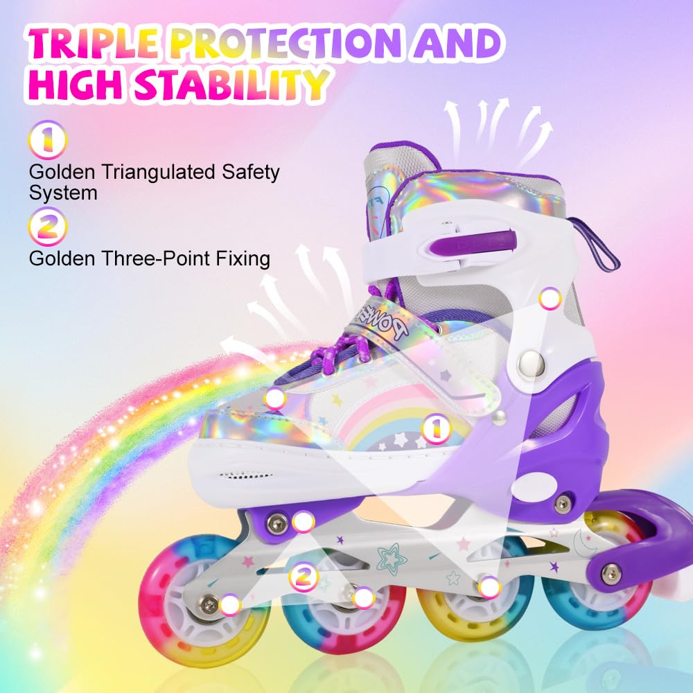 LOKJIJI Pattini in linea regolabili per bambini ragazze ragazzi principianti, Pattini a rotelle per bambino e adolescente per lo sport Viola Arcobaleno