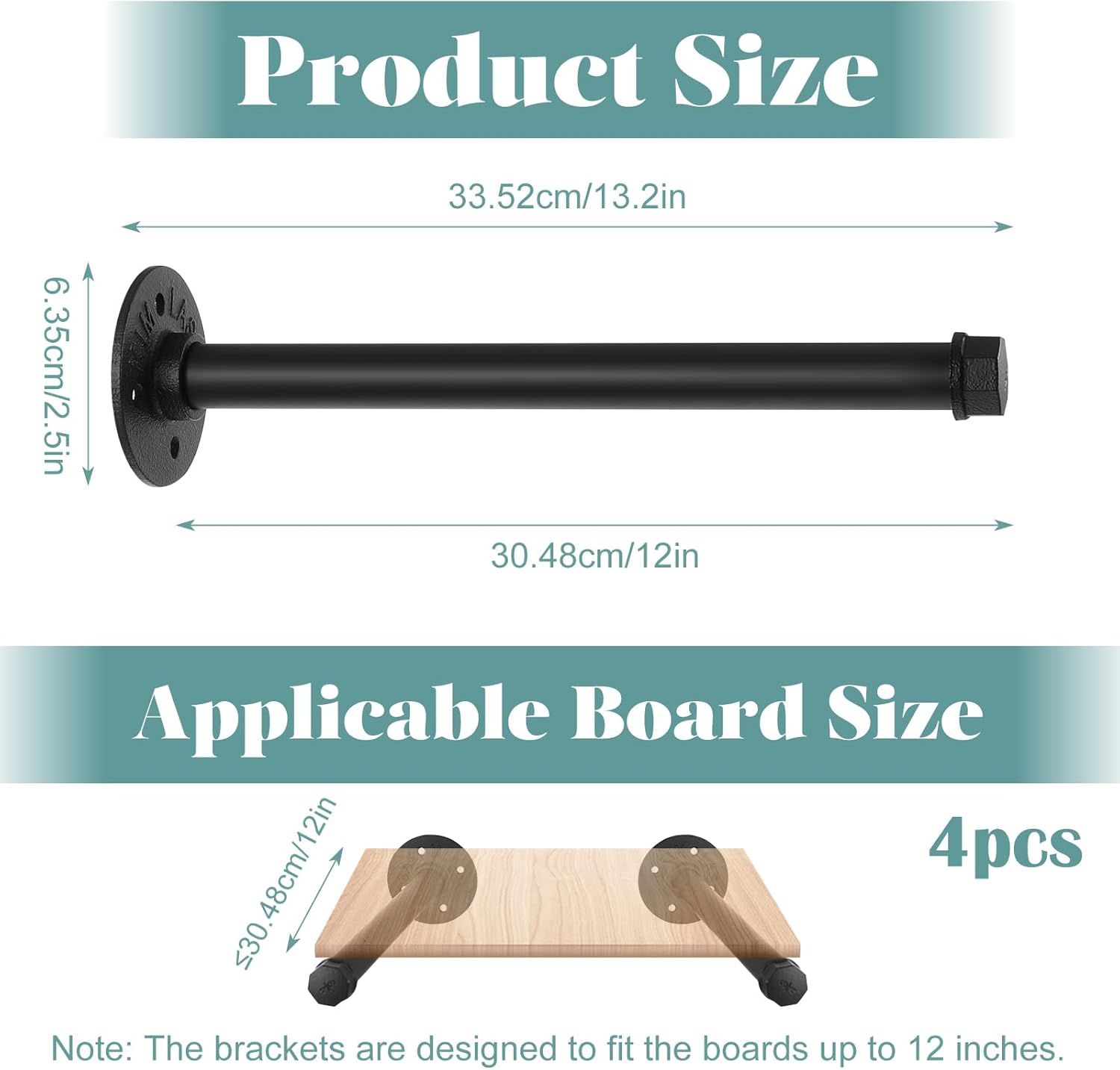 4 Pcs Industrial Black Pipe Shelf Brackets 12 Inch, Industrial Iron Pipe Floating Shelves Bracket Heavy Duty Metal Shelving Brackets for DIY Shelves