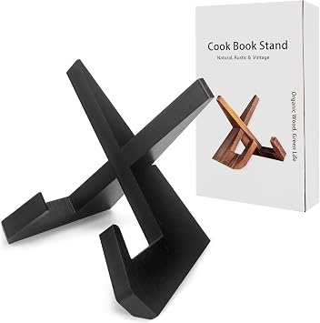 Rustic Black Cookbook Stand for Kitchen, Recipe Book Holder for Kitchen Counter, Wooden Cookbook Holder, Rustic Cook Book Holder Stand with Natural Wooden Grains 1 in Black